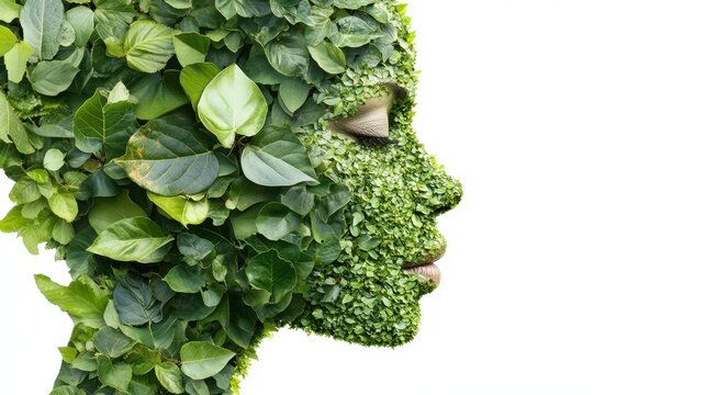 Embodiment of Nature: A portrait of a face meticulously crafted from fresh green leaves, creating a striking symbol of the harmony between humanity and the environment.