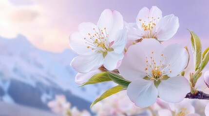 Obraz premium Cherry Blossom Dreamscape: Delicate cherry blossoms bloom in a soft-focus embrace against a stunning mountainous backdrop. This idyllic scene evokes tranquility and natural beauty.