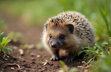 Cute hedgehog walks on the ground in the orchard, searching food. Spiny mammal in natural habitat. Wildlife scene, nature concept. Close-up view, soft focus, blurred background, green plants around.