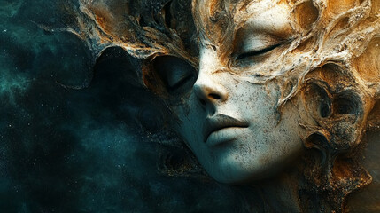 A serene face in a dreamlike embrace of celestial dust and gold lost in tranquil contemplation with soft ethereal light
