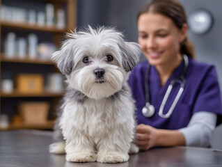 A cute dog sits on a table in front of a veterinarian, symbolizing animal care, professional treatment, and a kind attitude toward pets.