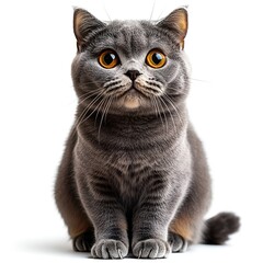 Gray British Shorthair Cat with Orange Eyes on white background. Generative AI
