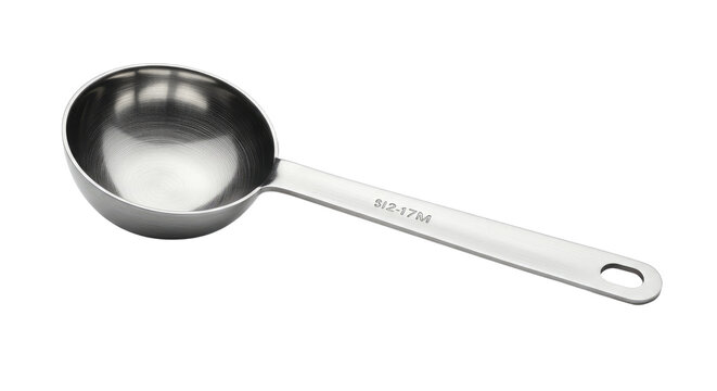 Shiny Stainless Steel Measuring Spoon with Handle and Circular Hole.