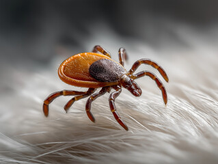 Close-up of a tick on white dog fur, emphasizing the importance of pet care and parasite prevention in maintaining animal health.