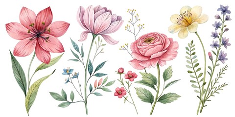 Set of beautiful flower, Watercolor collection of hand drawn flowers, Botanical plant illustration