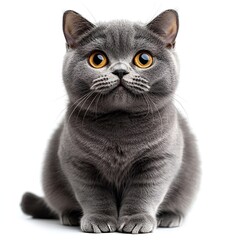Gray British Shorthair Cat with Orange Eyes on white background. Generative AI
