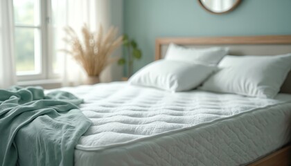 Cozy bedroom interior. White bed with pillows, blanket. Modern apartment design. Mirror, plant decor elements. Home furniture, comfort. Relaxation, rest, sleeping. Soft lighting.