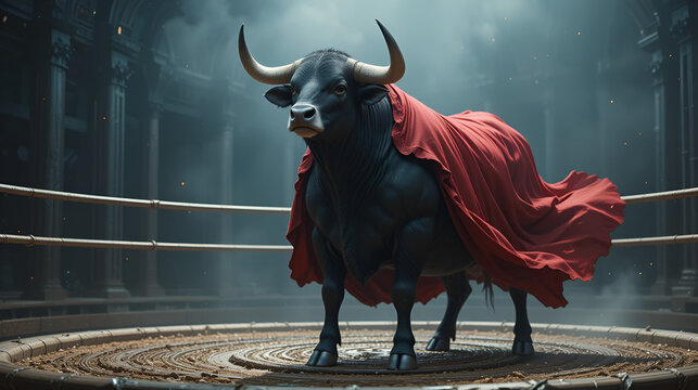 A bull with red cape is standing in a ring