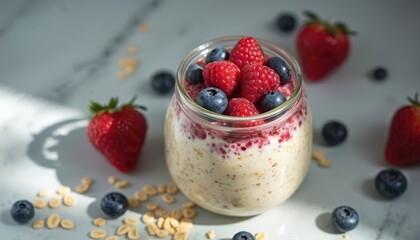 Overnight oats jar with fresh fruits, berries. Yogurt, granola healthy breakfast meal. Fresh strawberry, raspberry, blueberry in morning light. Diet food, natural, tasty meal.