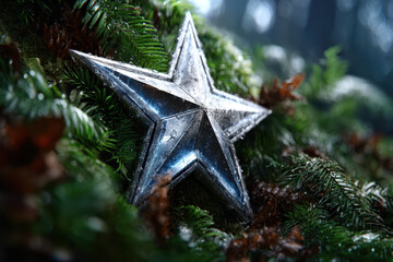 Silver star resting among lush green ferns in a serene forest setting during daylight