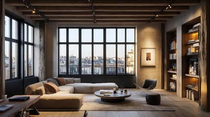 Modern Parisian Apartment Living Room with City Views, Exposed Beams, and Cozy Atmosphere
