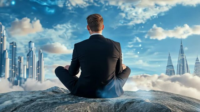Man Meditating Amidst Futuristic Cityscape: A serene businessman, dressed in a formal suit, finds tranquility atop a rocky peak, with a futuristic cityscape suspended in the clouds around him.