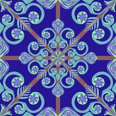 This intricate floral pattern bursts with energy through swirling forms and symmetrical elements. Dominated by blue, green, and purple, it reflects a vivid and dynamic mandala-like structure.