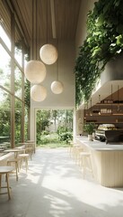 Light-filled modern cafe with a tranquil garden view.