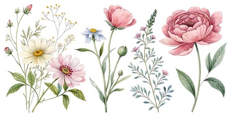Set of beautiful flower, Watercolor collection of hand drawn flowers, Botanical plant illustration
