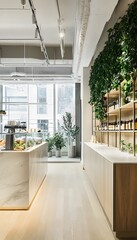 Light-filled interior of a modern cafe with exposed structure.