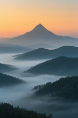 Misty mountain sunrise landscape with foggy valley