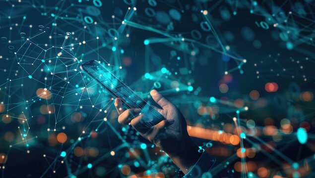 Digital technology concept, hand holding smartphone with holographic data and connection lines on dark blue background.