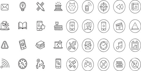 Digital detox line icon set. Unplug, no phone, no Wi-Fi, no internet, offline, turn off, computer refusal, reading, walk, live communication. Outline icon in linear style. Vector collection.