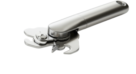 Sleek Silver Can Opener with Ergonomic Handle and Precision Cutting Mechanism.