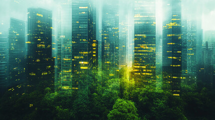 A breathtaking fusion of urban sprawl and lush nature where towering skyscrapers meet a vibrant forest with a dreamy