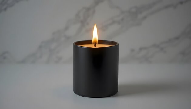 Elegant black matte candle with golden flame, lighting and shadows, isolated on pure white