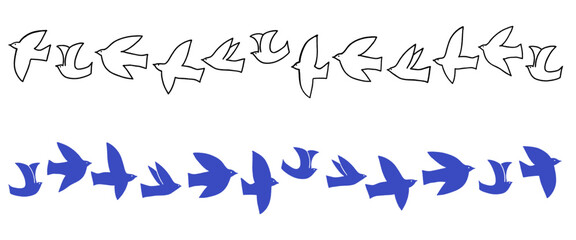 飛んでいる鳥のシルエットセット（白と青）ベクター素材｜飛ぶ,鳥,シルエット,ベクター,飛行,自由,群れ,黒背景