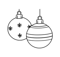 Christmas Ornament Duo: A simple line art illustration showcases two hanging Christmas ornaments; one with snowflakes, the other with stripes, against a white background.