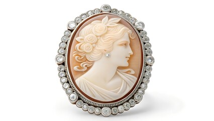 Vintage brooch with woman face isolated on white background

