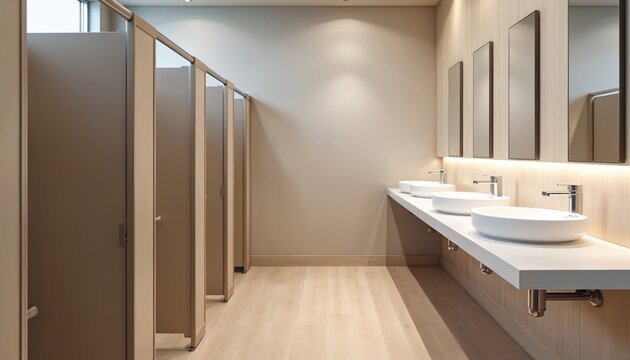 Modern public restroom interior. Minimalist design with light wood floor, beige walls. Row of washbasins with mirrors, metal faucets. Contemporary bathroom architecture. Empty lavatory. No people