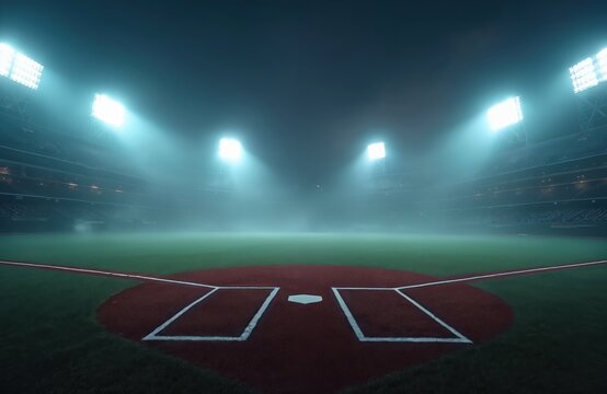 Mystical baseball field night scene. Fog stadium lights illuminate empty pitcher mound. Dramatic sport image for sports tech, promoting game, championship, competition, tournament, sport event.