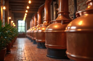 Warmly lit brewery interior. Shiny copper brewing kettles aligned in row. Industrial beer production, manufacturing equipment. Distillery fermentation process, craft beverage industry. Amber liquid