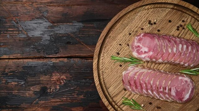 Enjoy the art of charcuterie with beautifully sliced Italian coppa capocollo displayed on a wooden board, garnished with herbs and spices for flavor