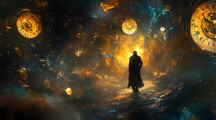 Fototapeta premium Floating clocks and time sigils surround a sorcerer manipulating time with golden magic in a surreal starry fantasy world