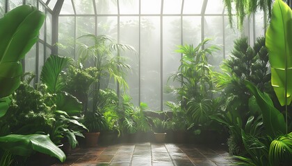 Lush greenery fills a glass greenhouse.