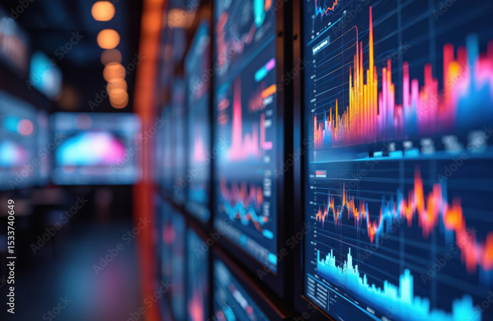 Poster data center monitors display dynamic data streams. information flows constantly representing modern 