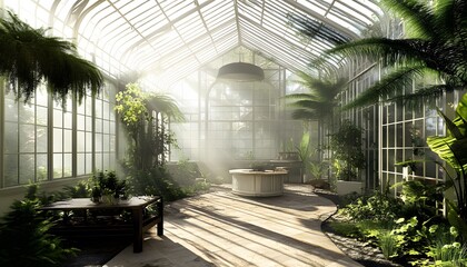 Lush greenhouse interior bathed in sunlight.