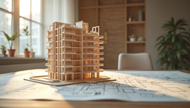 Architectural model modern high-rise apartment building on blueprint. Exterior design interior layout, detailed floor plans. Construction, engineering, real estate, development, urban planning