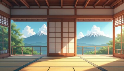Fototapeta premium Panoramic anime illustration of traditional Japanese dojo with tatami mats. View of Fuji mountain. Empty room architecture interior design. Open window, sunny weather outside. Beautiful nature,