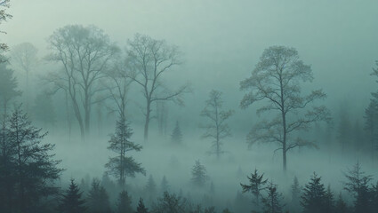 Atmospheric photograph of a misty forest with bare trees in a mysterious winter landscape