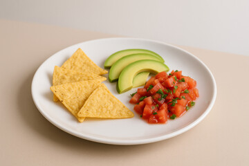 Fresh avocado slices, crispy tortilla chips, and chunky tomato salsa arranged on a white plate for a simple snack or appetizer
