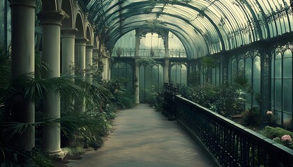 A grand, ornate greenhouse walkway lined with lush greenery.