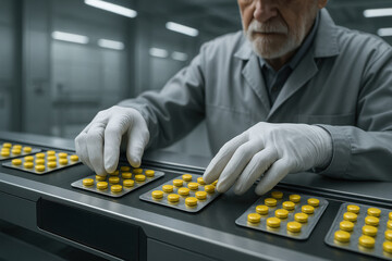 Senior technician in laboratory attire inspecting yellow pharmaceutical tablets on automated packaging conveyor in sterile facility