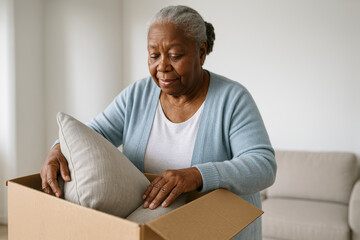 Naklejka na ściany i meble Elderly woman organizing home, placing decorative pillow in cardboard box, light minimalist interior, peaceful domestic moment