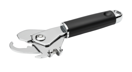 Sleek Stainless Steel MultiFunction Can Opener with Ergonomic Handle.