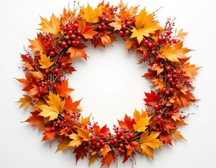 Autumn Leaf and Berry Wreath on White Background