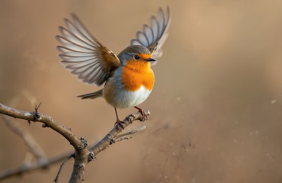 European robin bird Erithacus rubecula spreads wings takes off from branch. Orange breast grey wings, brown background. Wildlife ornithology nature photo.