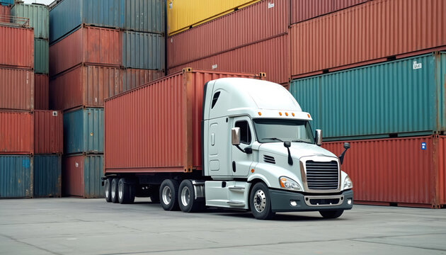 Large truck with trailer near shipping containers. Cargo transport concept. International trade. Logistic, freight industry. Delivery around world. Import export. Global commerce, supply chain.