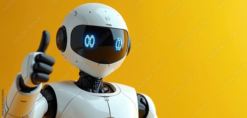 Poster android robot with thumb up gesture against bright yellow backdrop. ai technology concept with moder