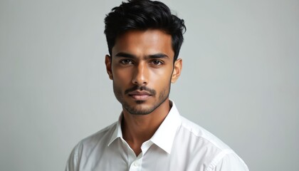Obraz premium Handsome Indian male model studio portrait on plain white background. Charming guy with dark hair and beard in casual shirt looking at camera. Front view studio shot, fashion, beauty, business theme.